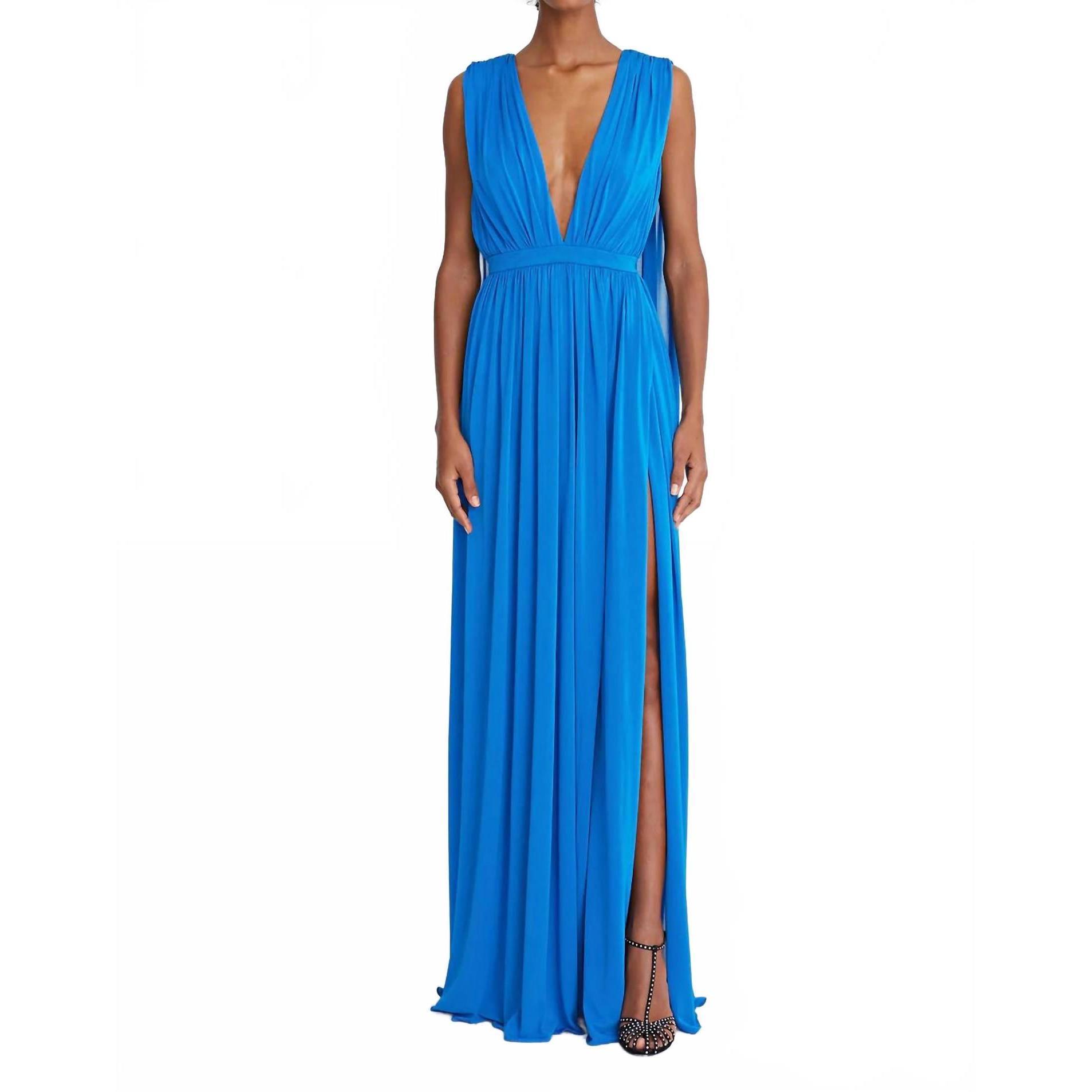 New Halston Heritage Ashley Jersey V-Neck Gown In Azure